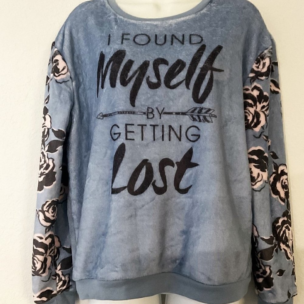 COLD CRUSH Blue Floral Sleeve Graphic Velour Sweatshirt M